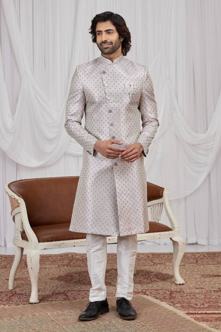 Purple jacquard indo western for men