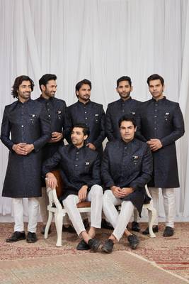 Blue jacquard indo western for men 1