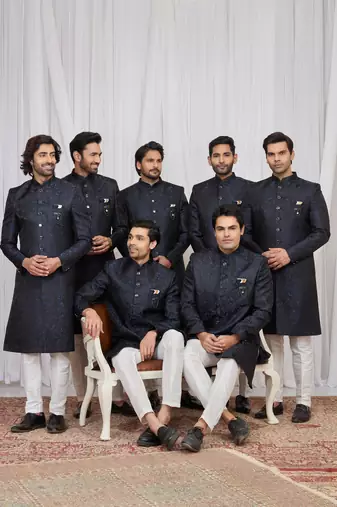 Blue jacquard indo western for men