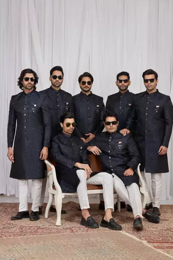 Blue jacquard indo western for men