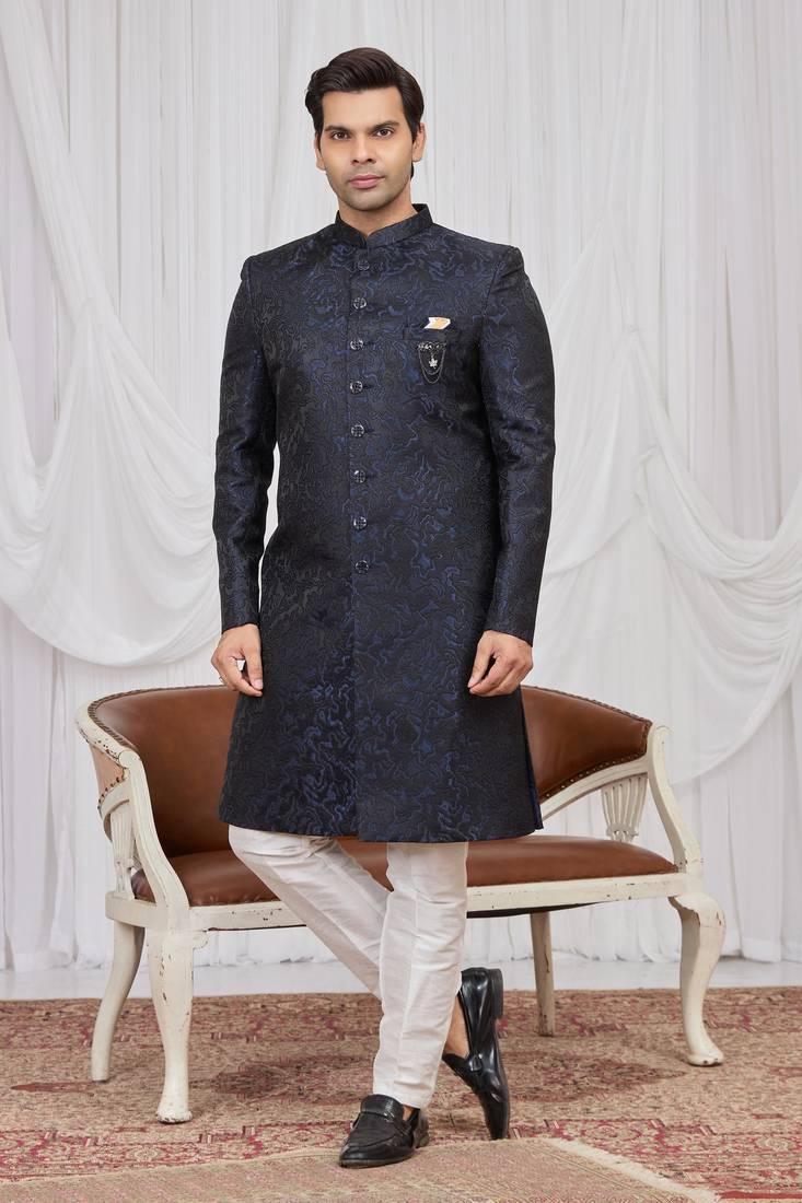 Blue jacquard indo western for men