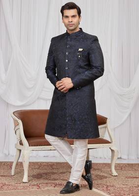 Blue jacquard indo western for men 4
