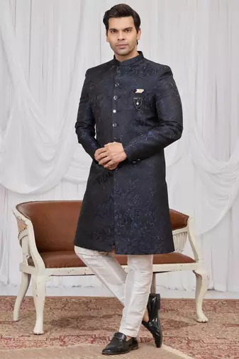 Blue jacquard indo western for men