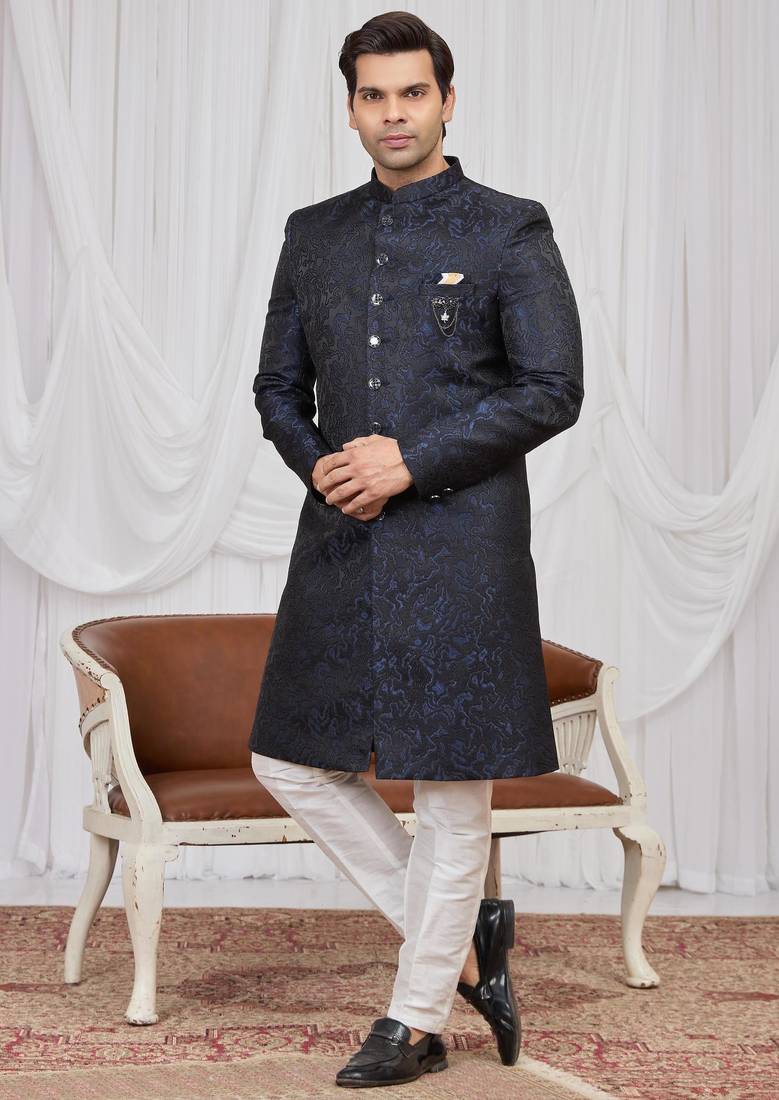 Blue jacquard indo western for men