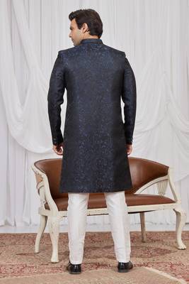 Blue jacquard indo western for men 5