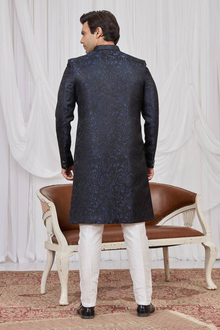 Blue jacquard indo western for men
