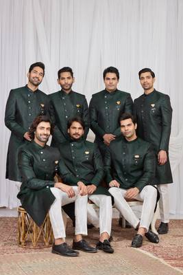 Green jacquard indo western for men 1