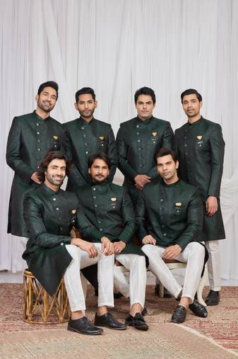 Green jacquard indo western for men