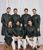 Green jacquard indo western for men