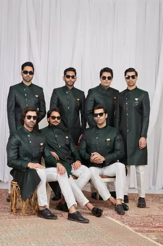Green jacquard indo western for men