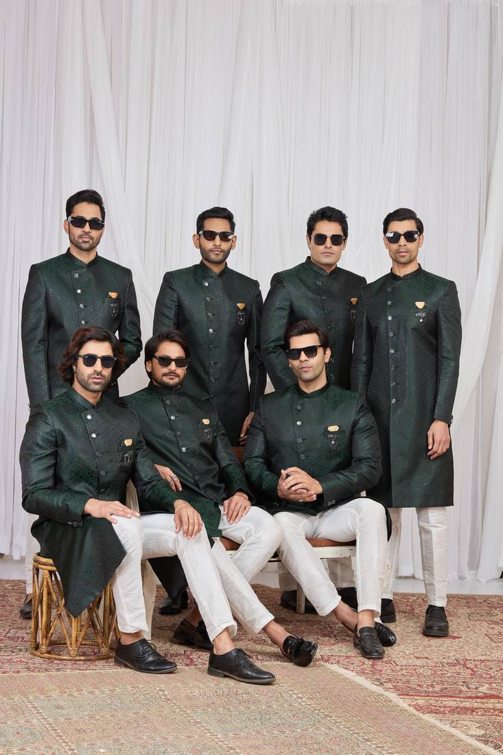 Green jacquard indo western for men