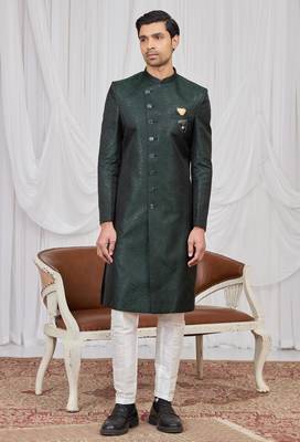 Green jacquard indo western for men 3