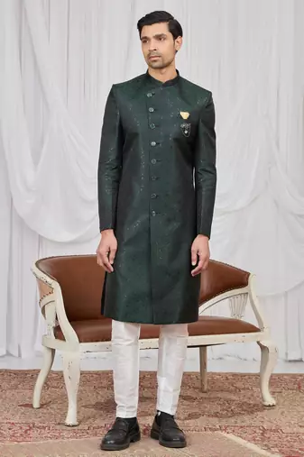 Green jacquard indo western for men