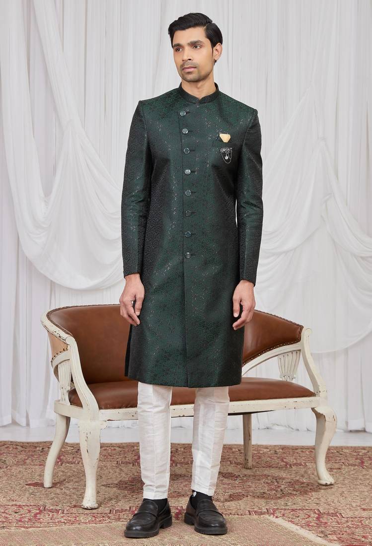 Green jacquard indo western for men