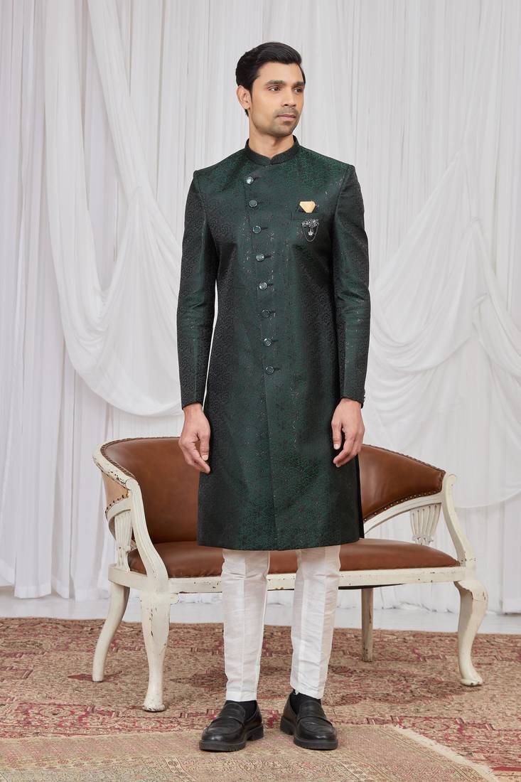 Green jacquard indo western for men