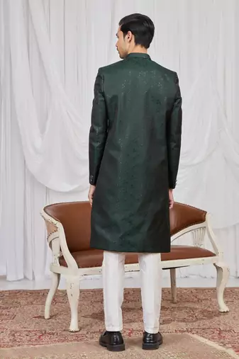 Green jacquard indo western for men