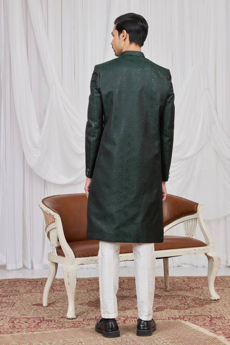 Green jacquard indo western for men