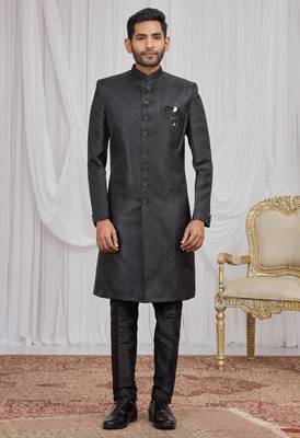Black jacquard indo western for men 3