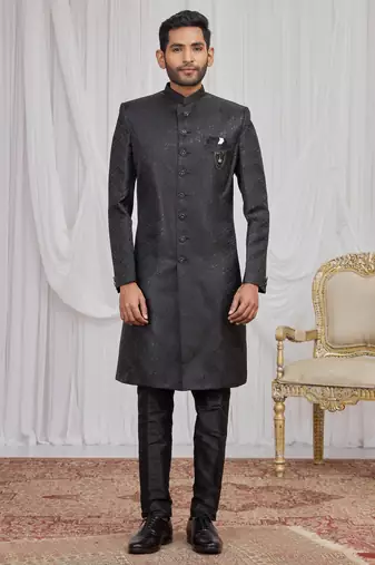 Black jacquard indo western for men
