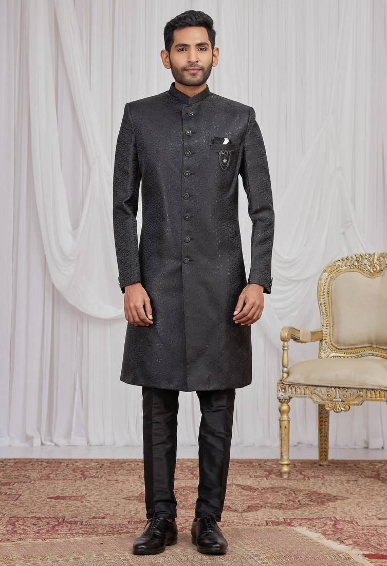 Black jacquard indo western for men