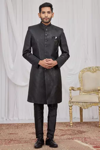 Black jacquard indo western for men