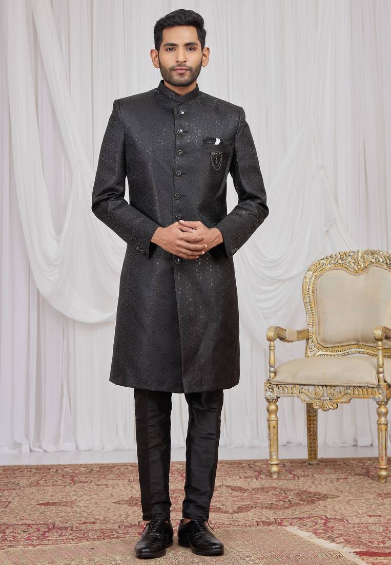 Black jacquard indo western for men