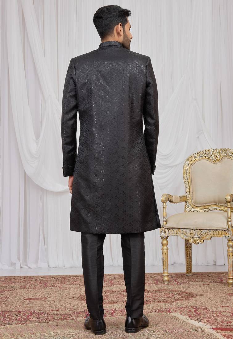 Black jacquard indo western for men