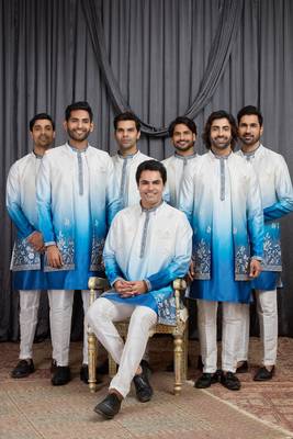 Blue shaded art silk 3 peice long kurta jacket set for men 1