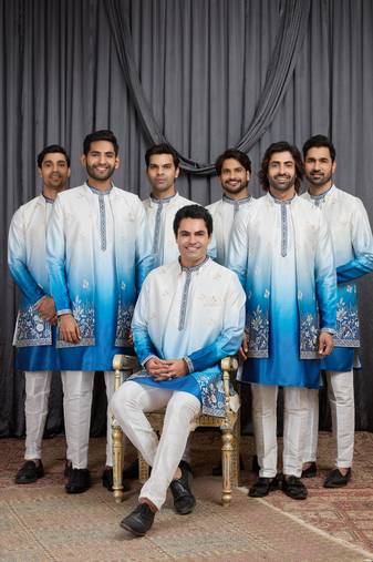 Blue shaded art silk 3 peice long kurta jacket set for men