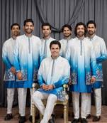 Blue shaded art silk 3 peice long kurta jacket set for men