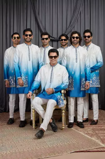 Blue shaded art silk 3 peice long kurta jacket set for men