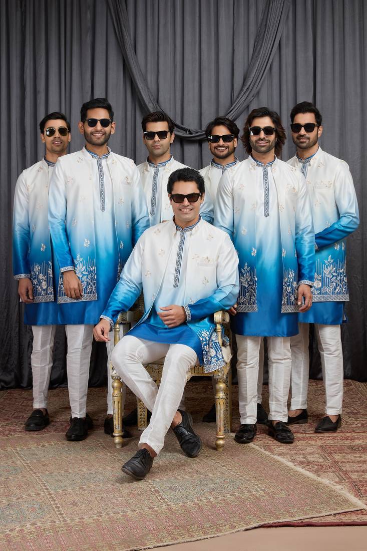 Blue shaded art silk 3 peice long kurta jacket set for men