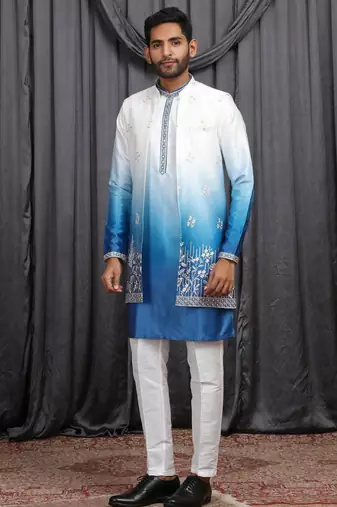 Blue shaded art silk 3 peice long kurta jacket set for men