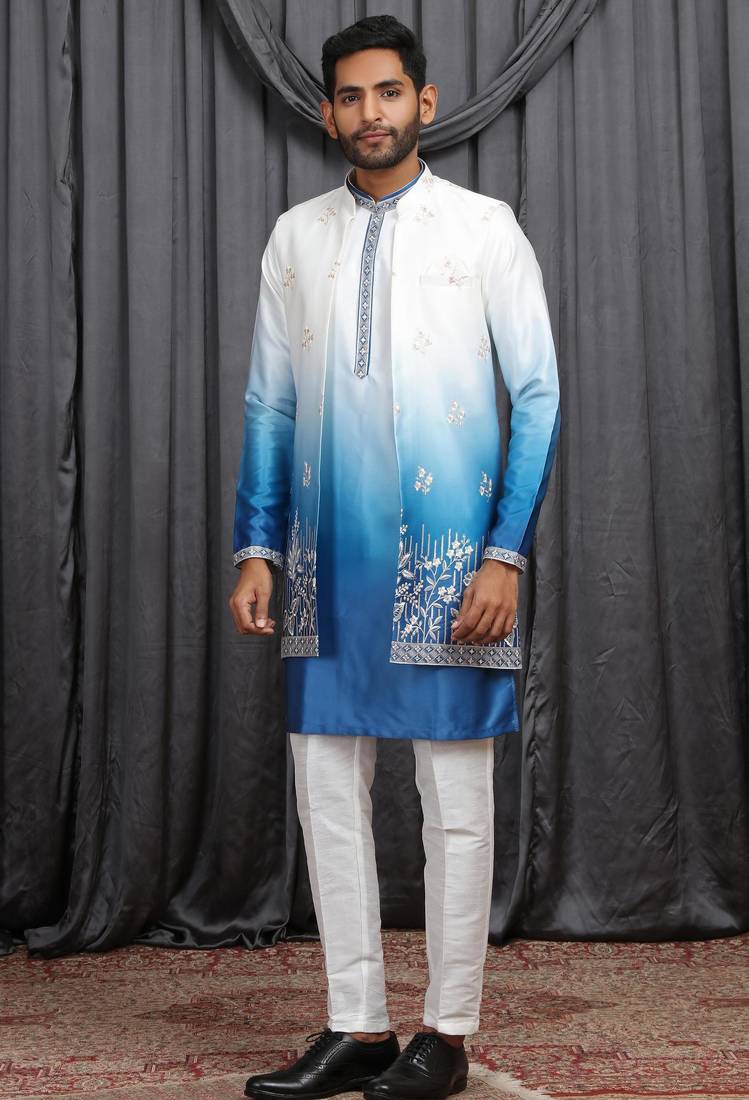 Blue shaded art silk 3 peice long kurta jacket set for men