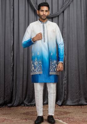 Blue shaded art silk 3 peice long kurta jacket set for men 4