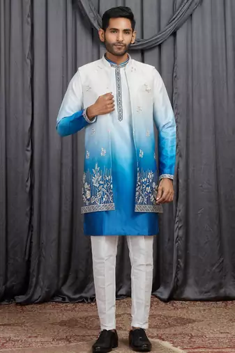 Blue shaded art silk 3 peice long kurta jacket set for men