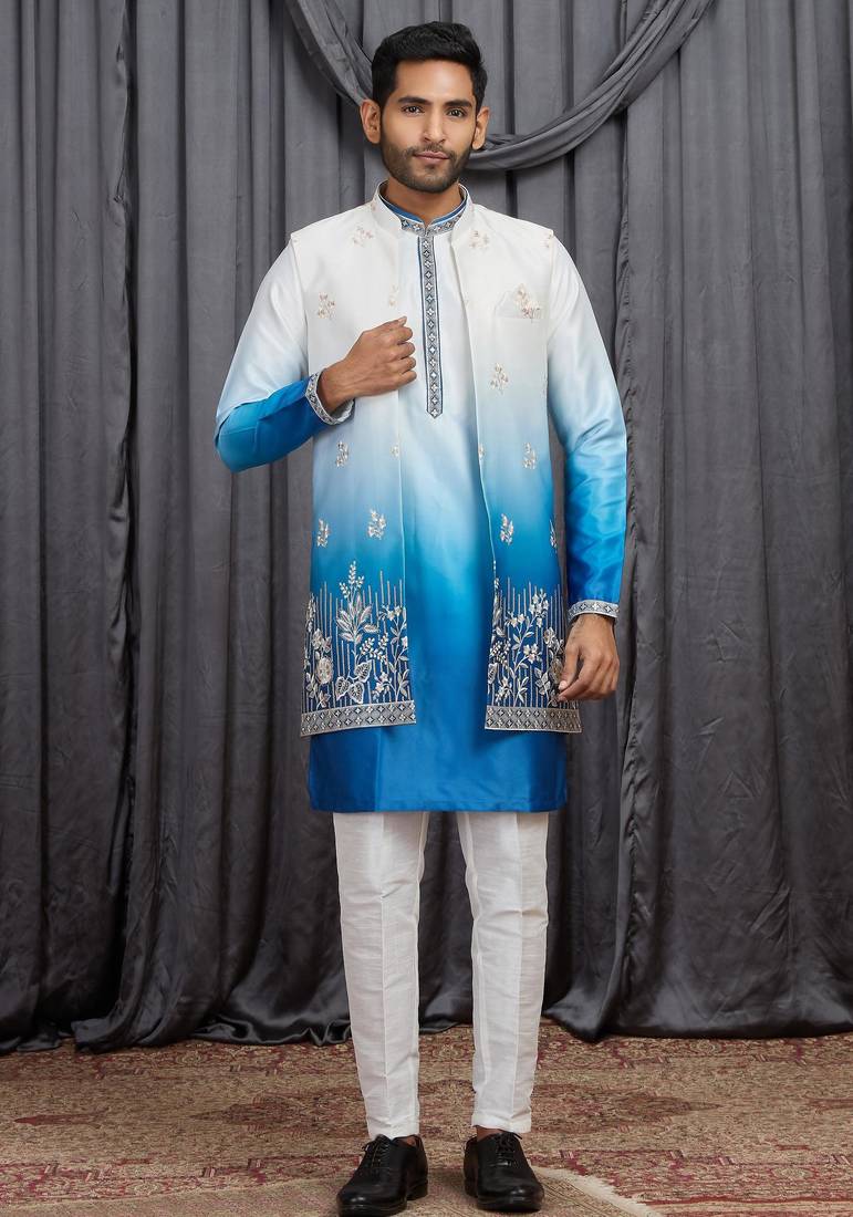 Blue shaded art silk 3 peice long kurta jacket set for men