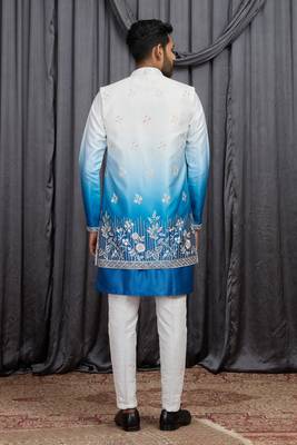 Blue shaded art silk 3 peice long kurta jacket set for men 5
