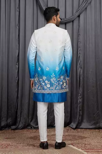 Blue shaded art silk 3 peice long kurta jacket set for men