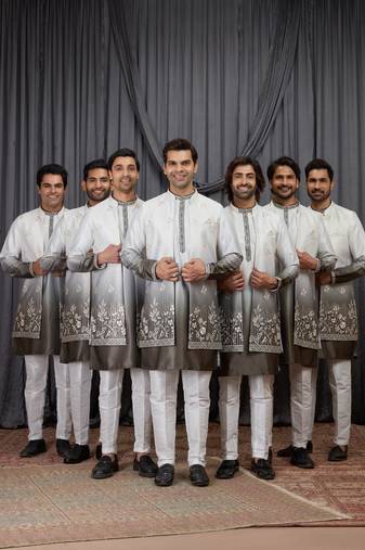 Green shaded art silk 3 peice long kurta jacket set for men