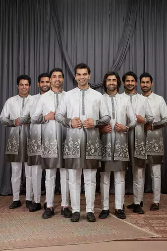 Green shaded art silk 3 peice long kurta jacket set for men