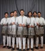 Green shaded art silk 3 peice long kurta jacket set for men