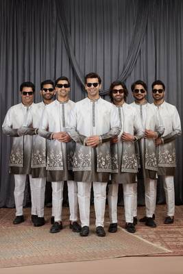 Green shaded art silk 3 peice long kurta jacket set for men 2