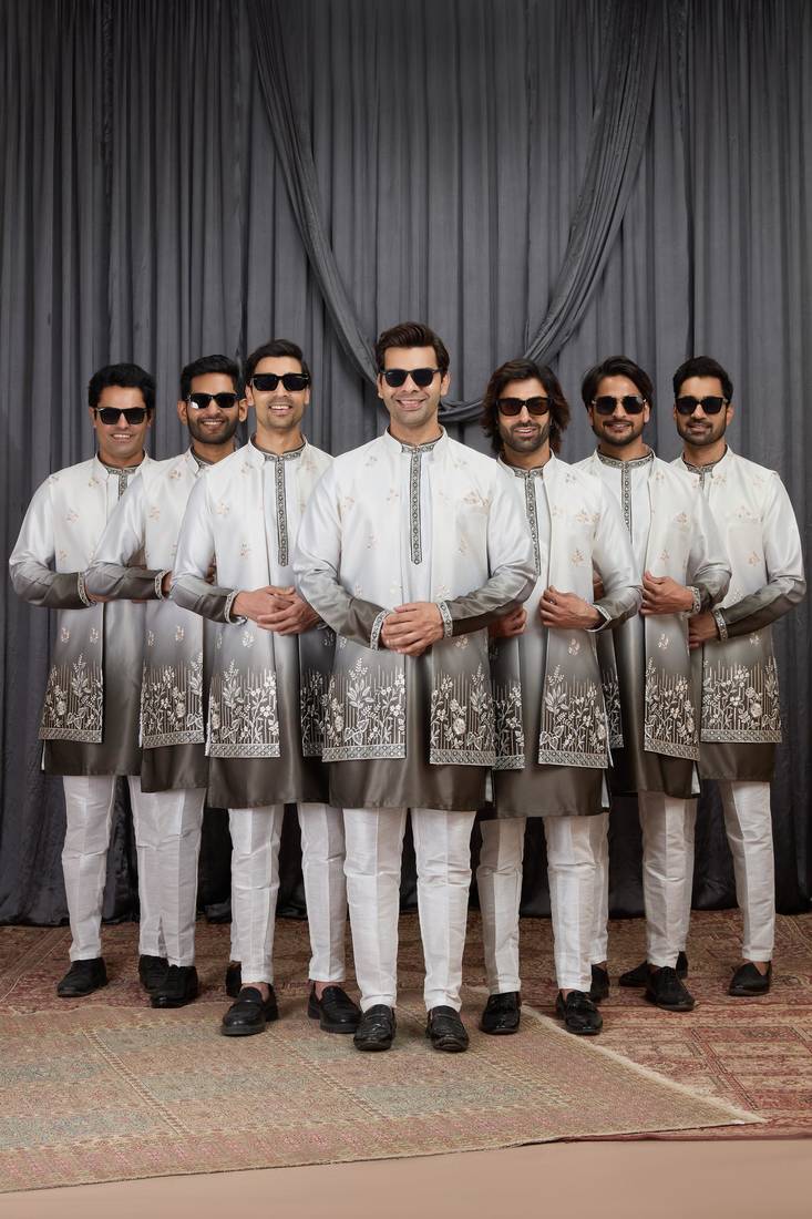 Green shaded art silk 3 peice long kurta jacket set for men