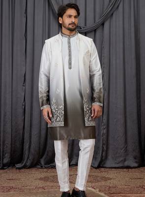 Green shaded art silk 3 peice long kurta jacket set for men 3