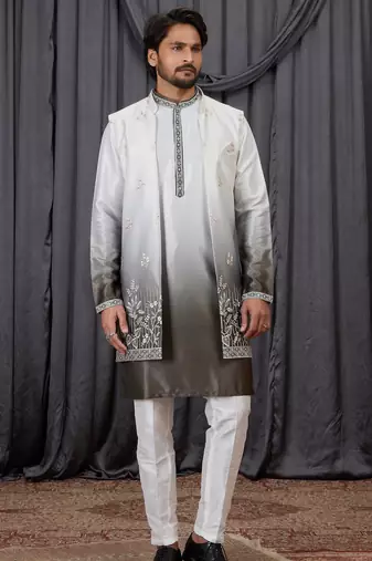 Green shaded art silk 3 peice long kurta jacket set for men