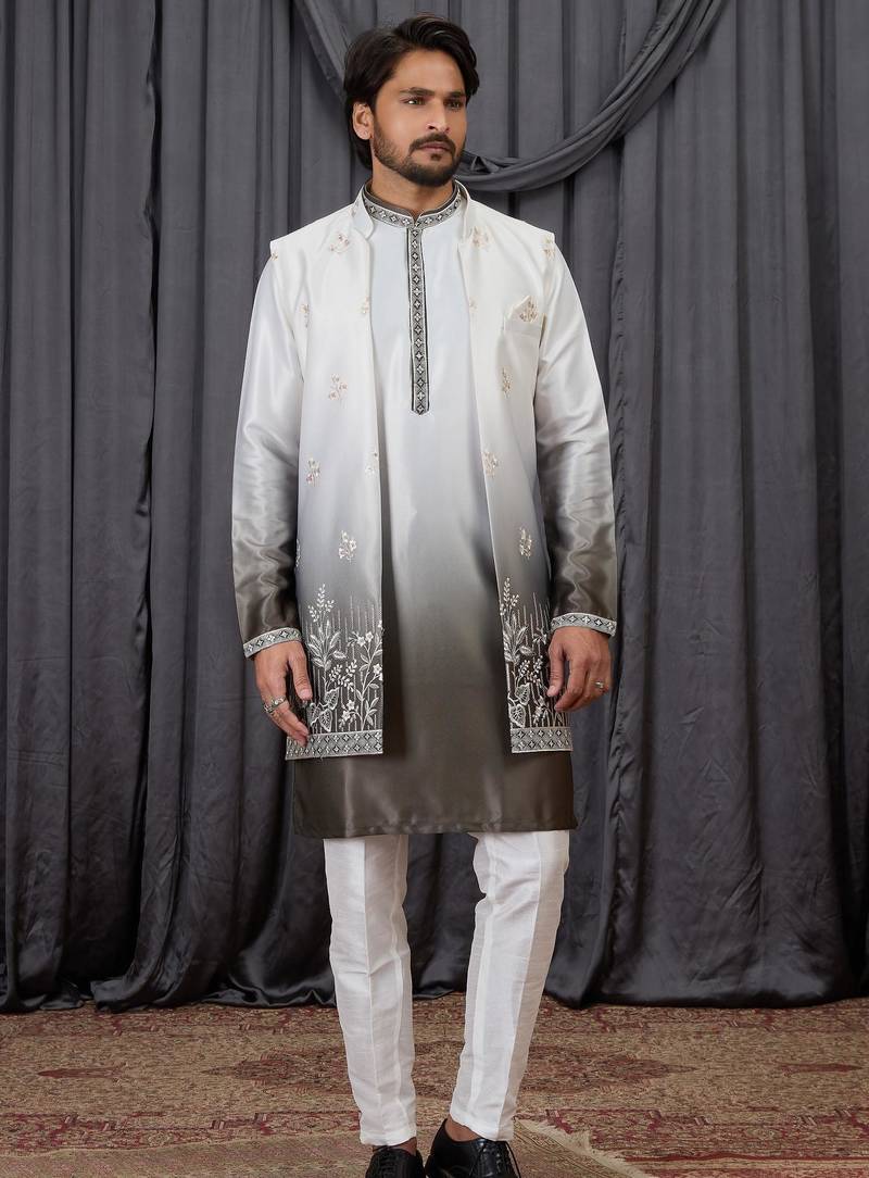 Green shaded art silk 3 peice long kurta jacket set for men