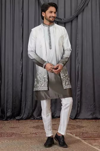Green shaded art silk 3 peice long kurta jacket set for men