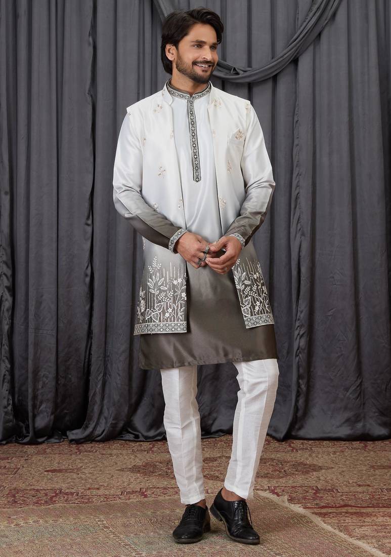 Green shaded art silk 3 peice long kurta jacket set for men