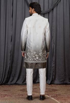 Green shaded art silk 3 peice long kurta jacket set for men 5